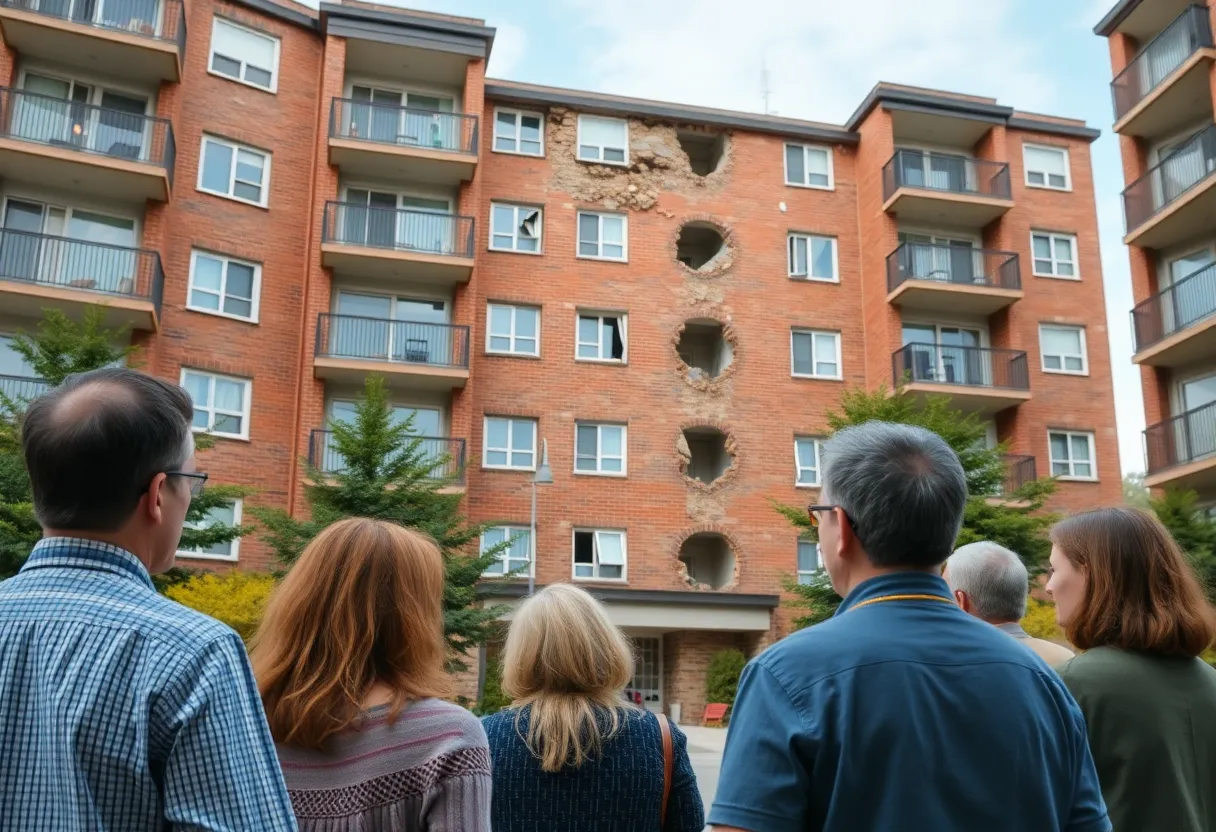 Damaged façade of Ashley House Condos with residents discussing repairs
