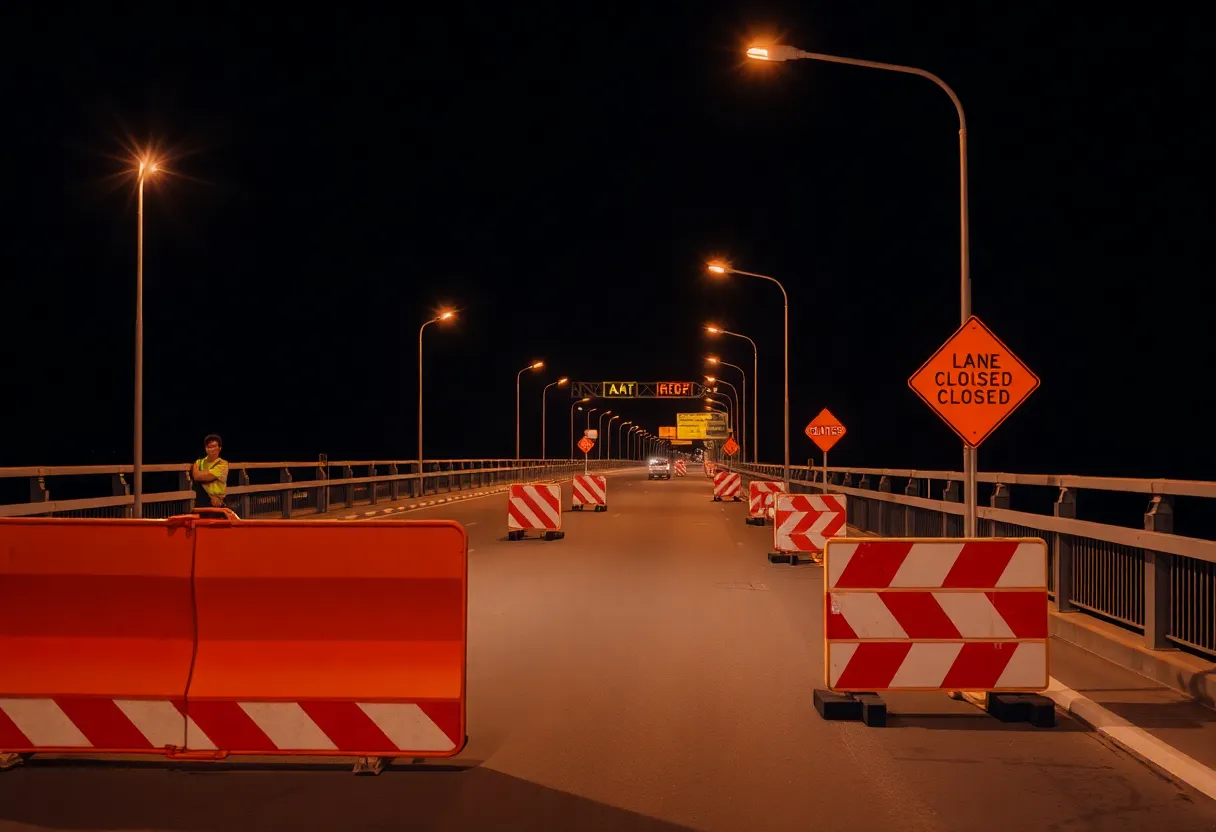 Nighttime construction on Ashley River Crossing bridge with lane closures