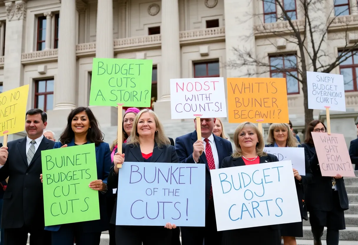 Protest outside the Washington State Attorney General's Office against proposed budget cuts.