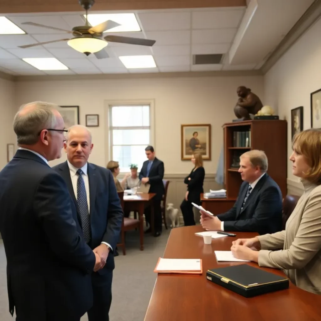Attorneys discussing legal matters in a Belleville office.