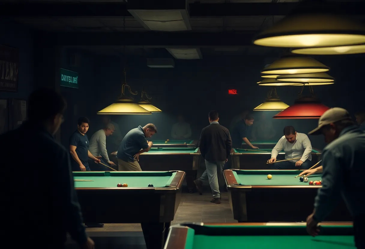 Scene of a billiards hall with a tense atmosphere