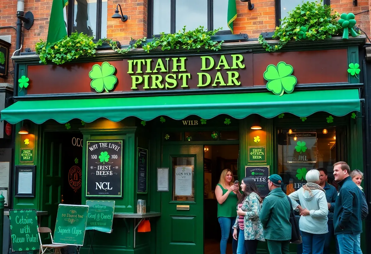 Exterior view of Bumpa's Irish Pub decorated for St. Patrick's Day in Charleston.