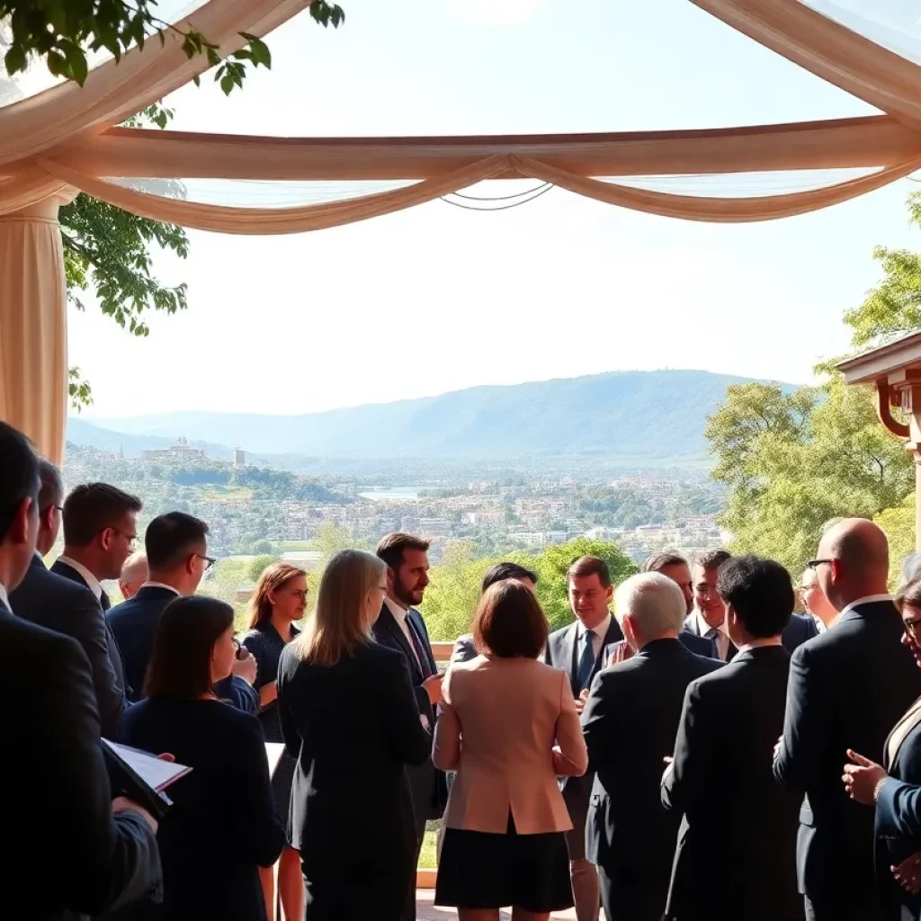 A gathering of legal professionals celebrating a prestigious trial fellowship in a scenic setting.