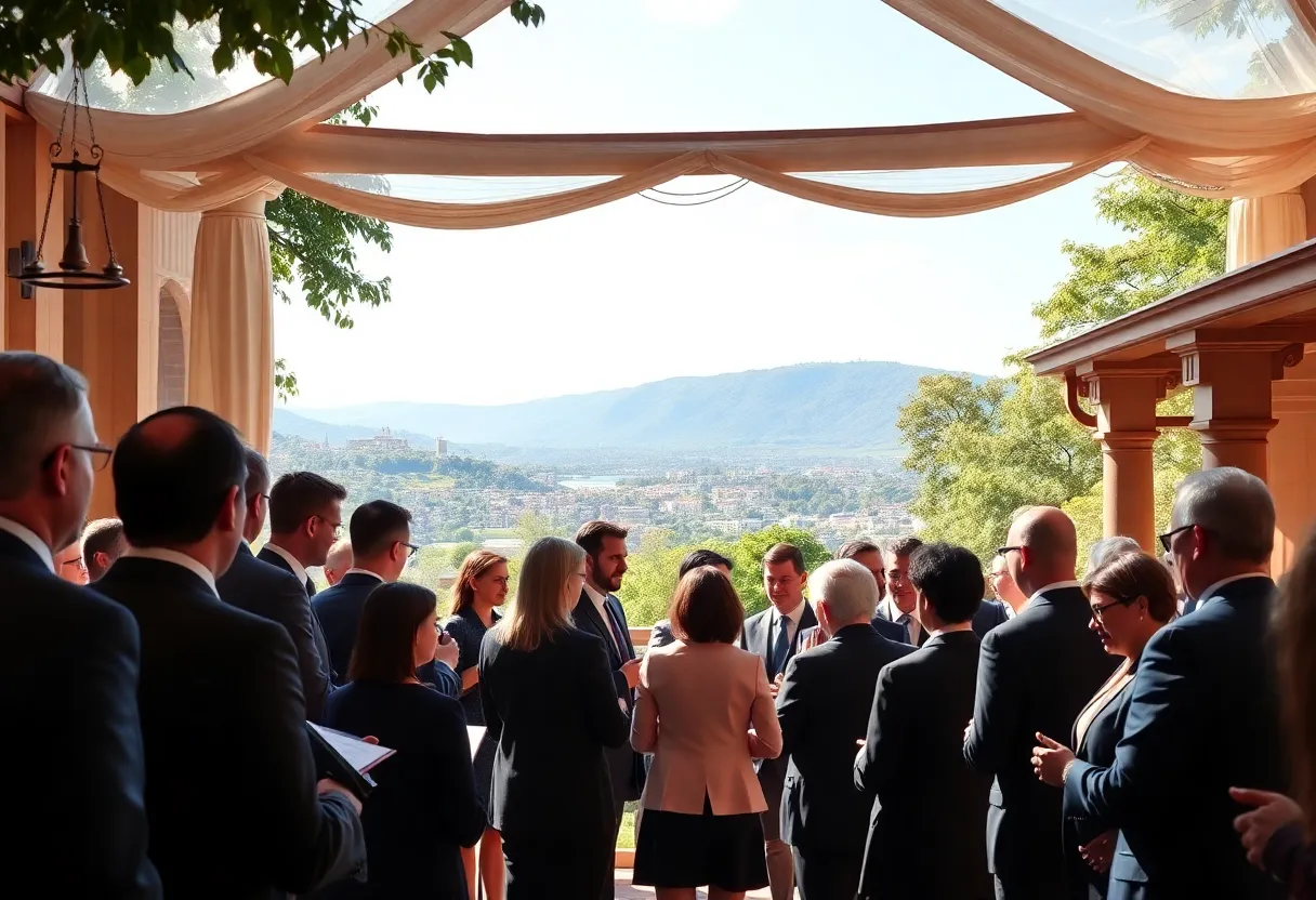 A gathering of legal professionals celebrating a prestigious trial fellowship in a scenic setting.