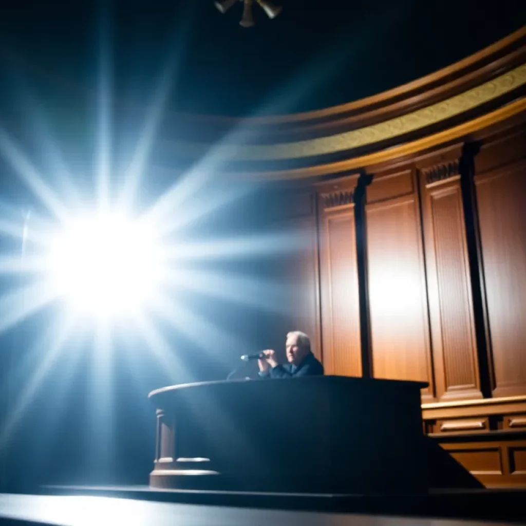 Abstract depiction of courtroom dynamics with a spotlight.
