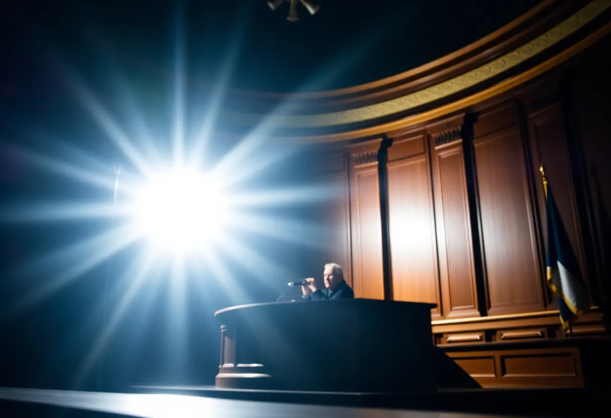 Abstract depiction of courtroom dynamics with a spotlight.