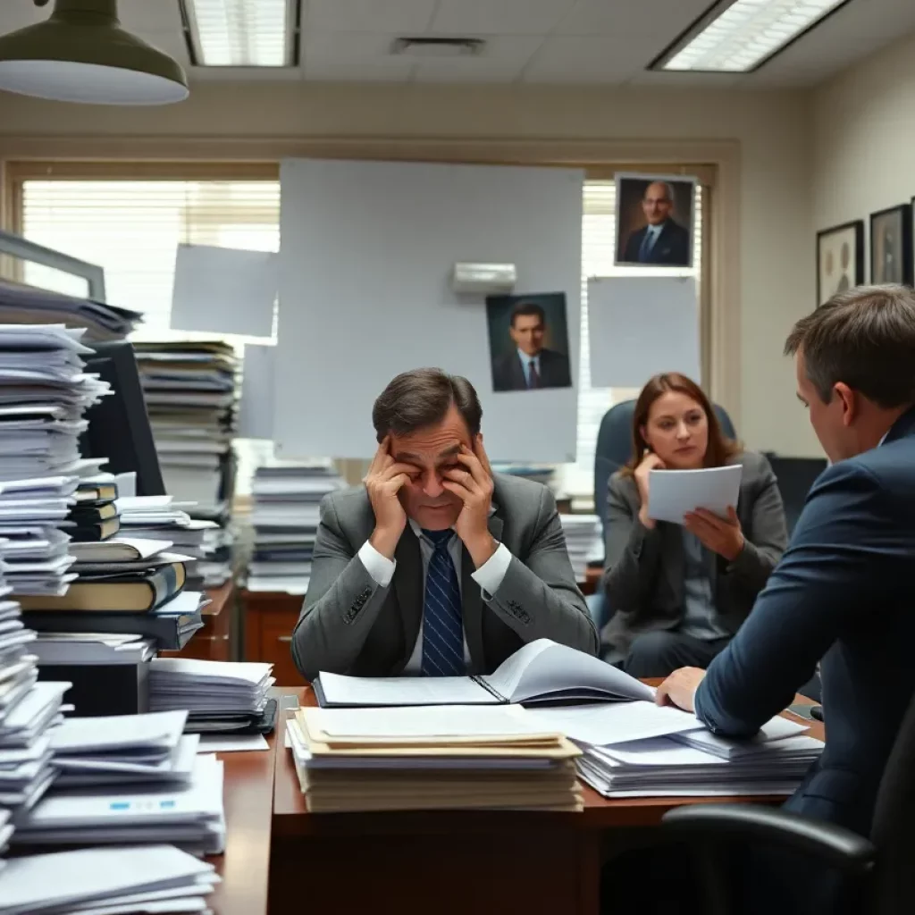 Frustrated clients in a chaotic law office environment