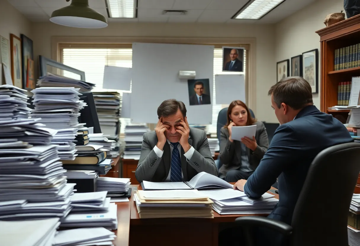 Frustrated clients in a chaotic law office environment