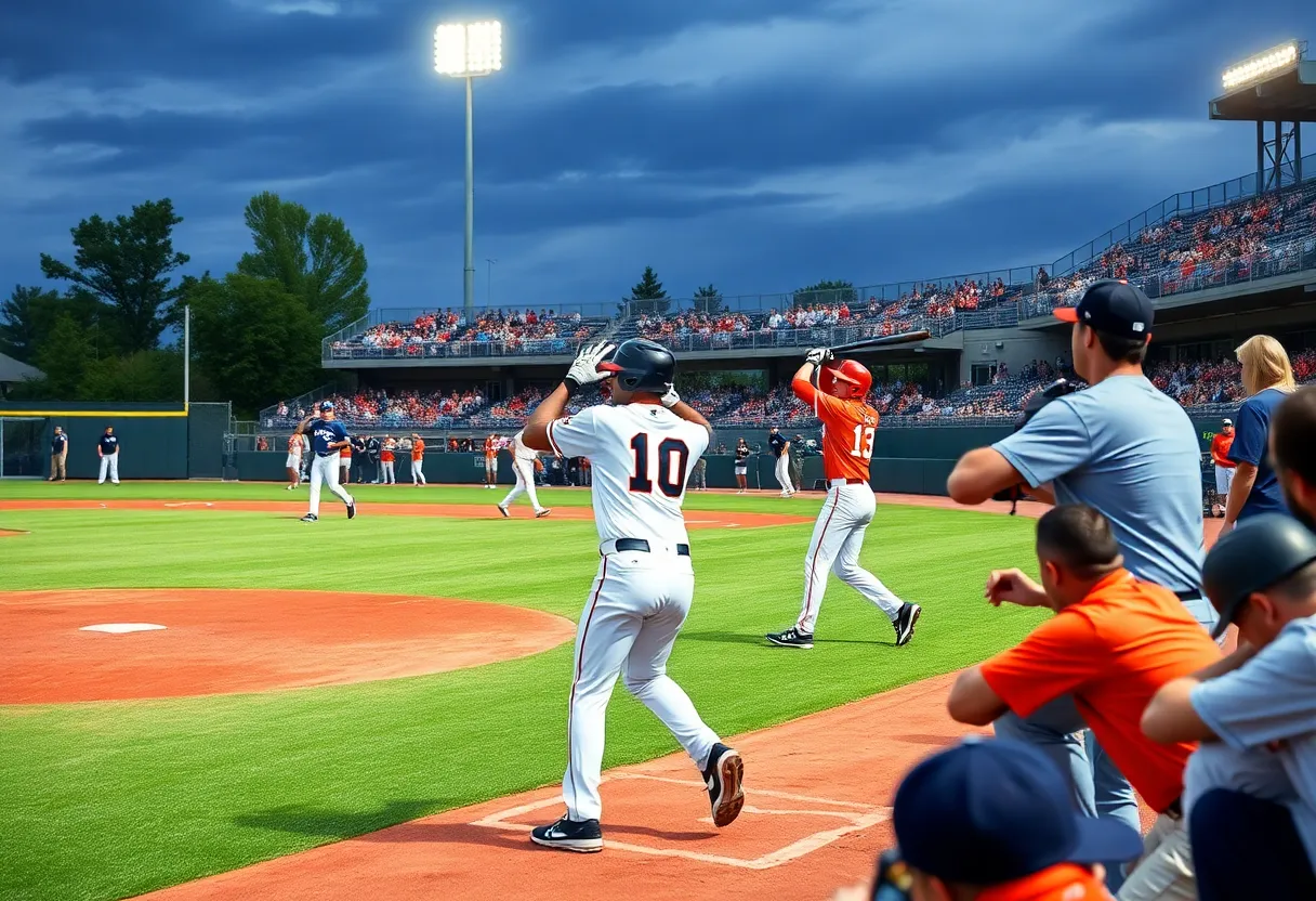 Players in action during a college baseball game at Patriots Point