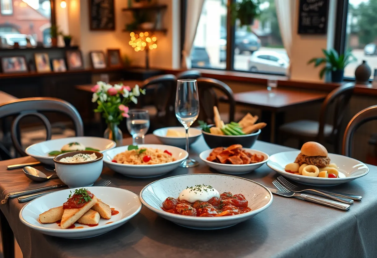 A spread of delicious meals and coffee representing Charleston cafes.