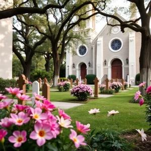 Historic churchyard in Charleston with blooming flowers