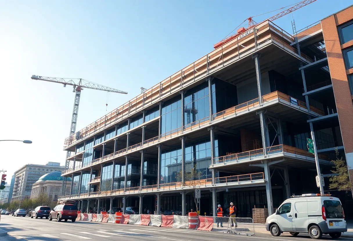 Construction site of Charleston's new operations center with workers and equipment.