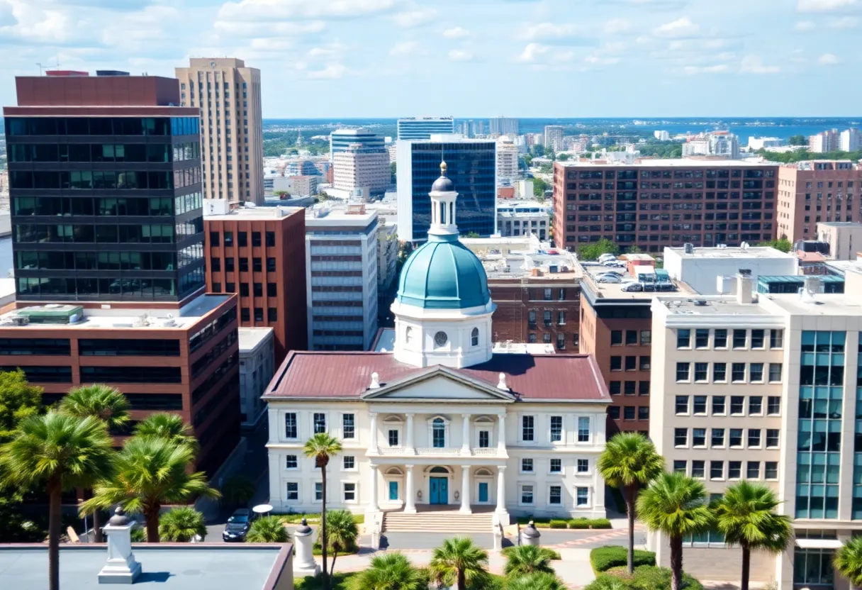 A wide view of Charleston, SC showcasing city buildings and waterfront.