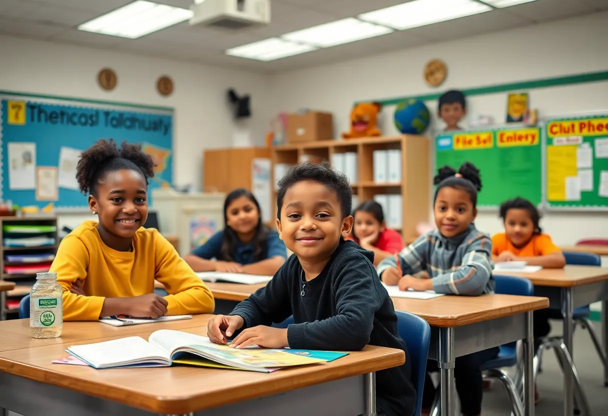 A vibrant Charleston County classroom with diverse students and educational resources.