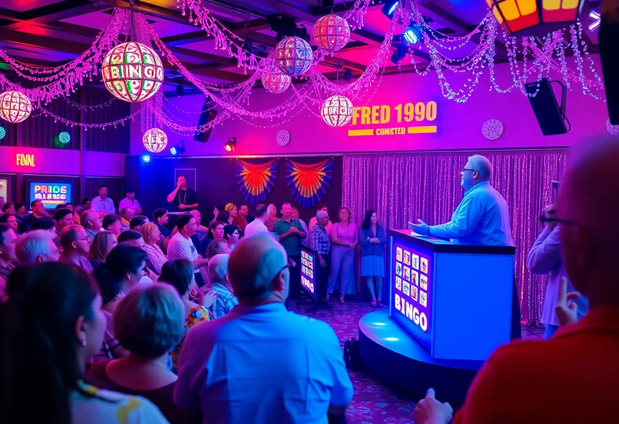 Crowd enjoying Charleston Gay Bingo event with vibrant decorations