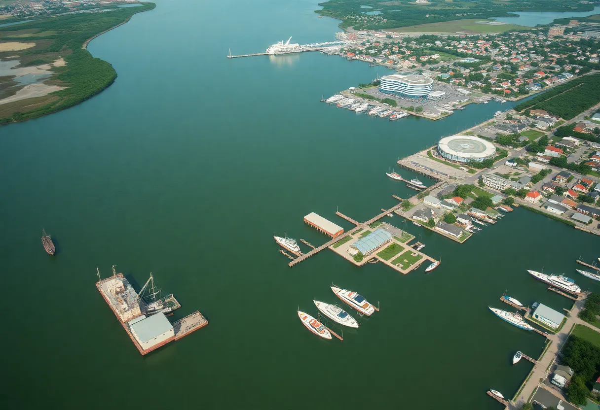 Aerial view of Charleston Harbor with environmental projects in progress.