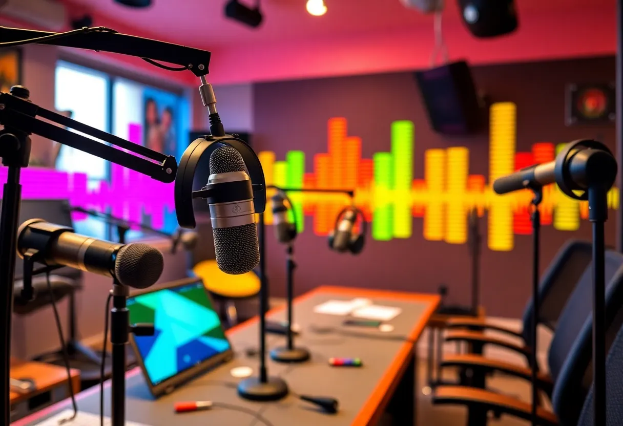 A lively Charleston podcasting studio with equipment and sound waves