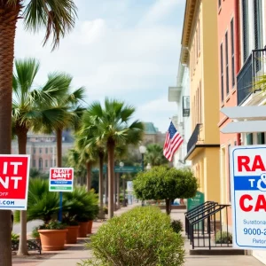 Scenic view of Charleston with rental property signage
