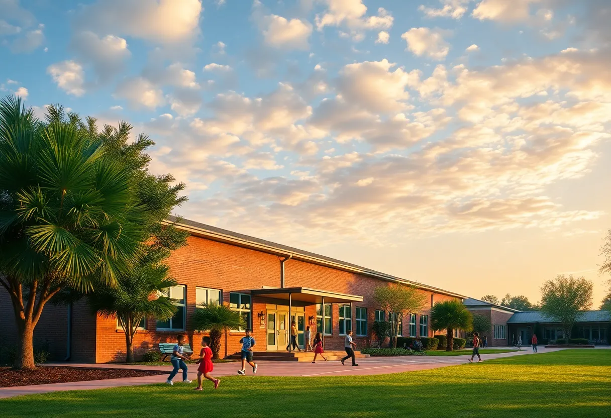 Charleston school building with students playing outside