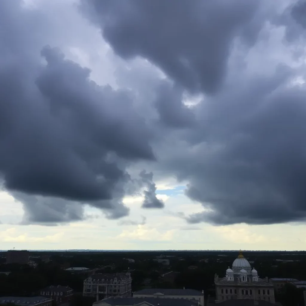 Storm clouds gather over Charleston, indicating severe weather
