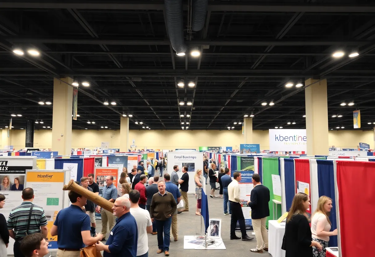 A bustling scene from the Charleston Small Business Expo with various exhibitors and entrepreneurs networking.
