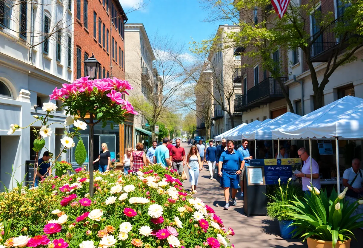 Colorful Charleston street with blooming flowers and festival activities