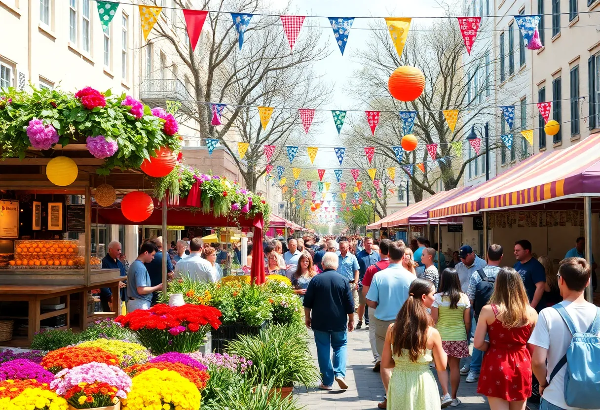 A bustling spring festival scene in Charleston SC with flowers and food stalls