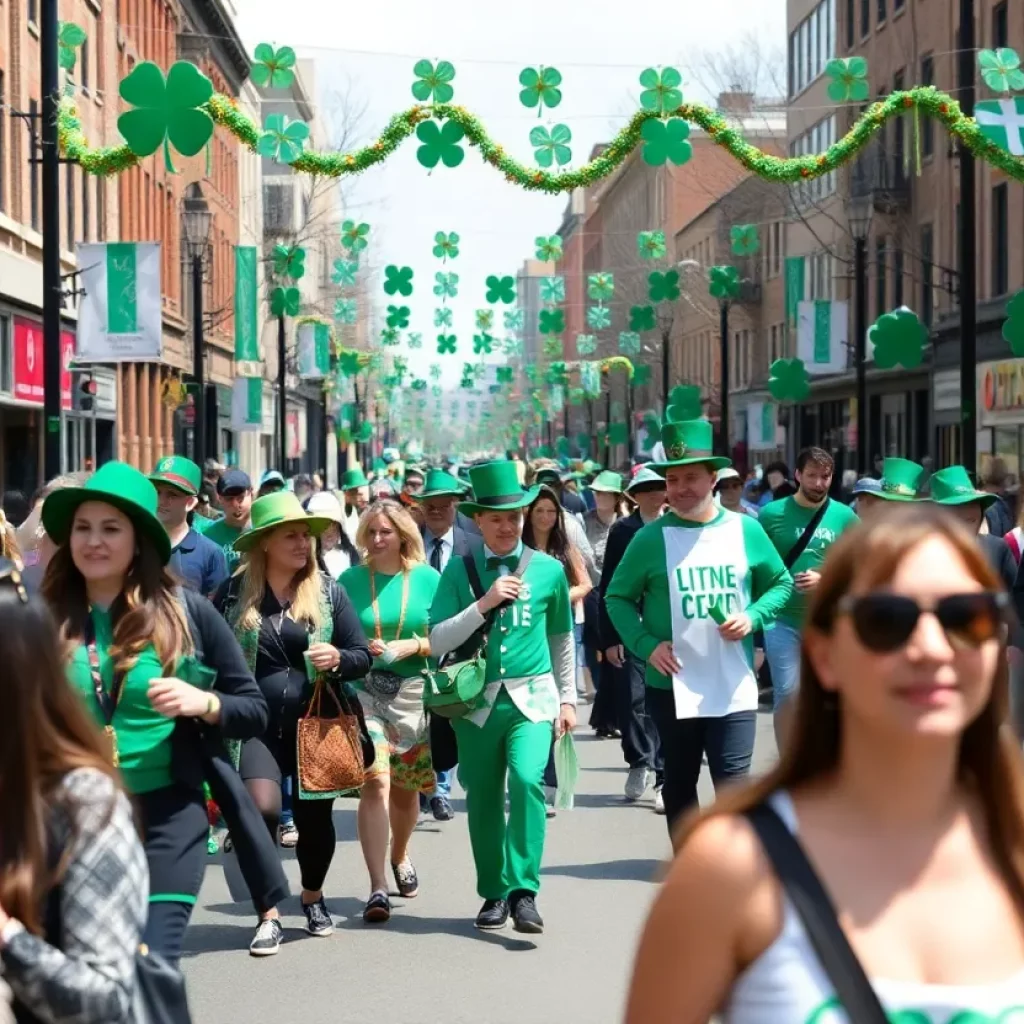 Crowd enjoying the St. Patrick's Day Parade in Charleston with festive decorations.