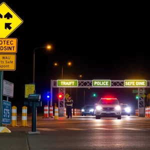 Police conducting a traffic safety checkpoint at night in Charleston