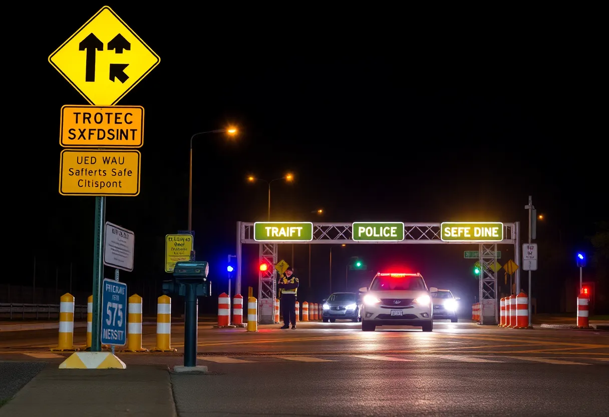 Police conducting a traffic safety checkpoint at night in Charleston