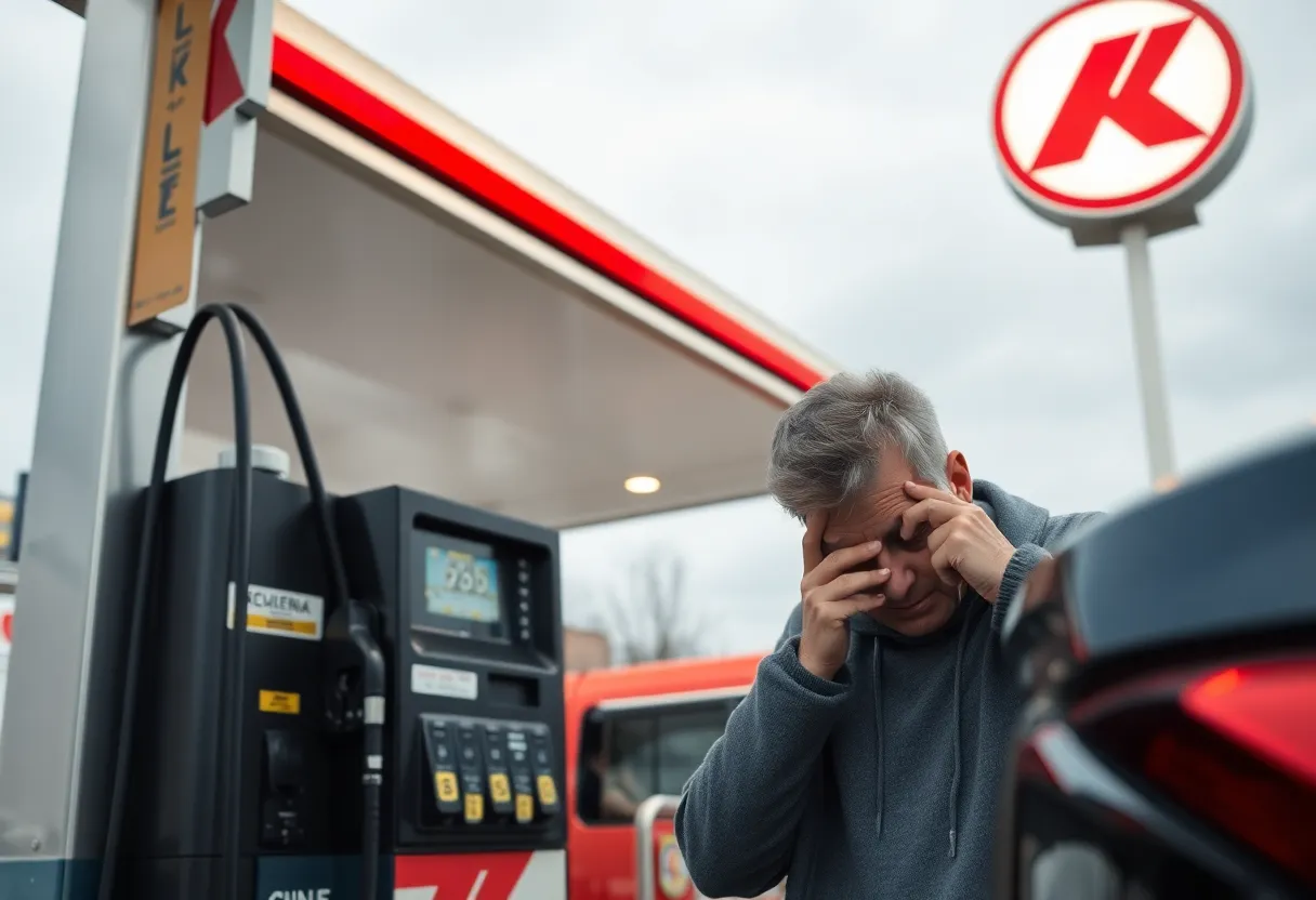 Customer examining vehicle after refueling at Circle K