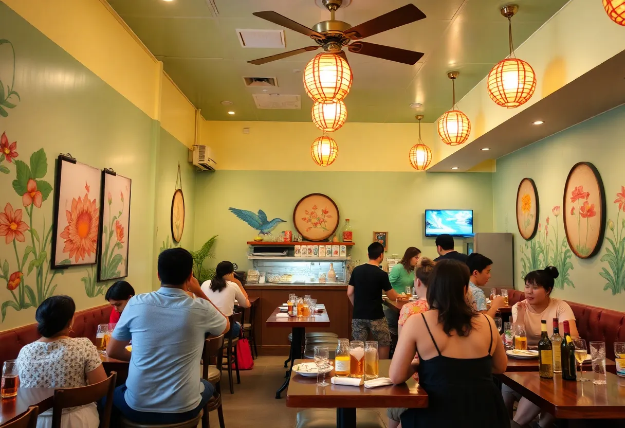 Interior of CO restaurant in Charleston after renovation, showcasing vibrant art and dining space.