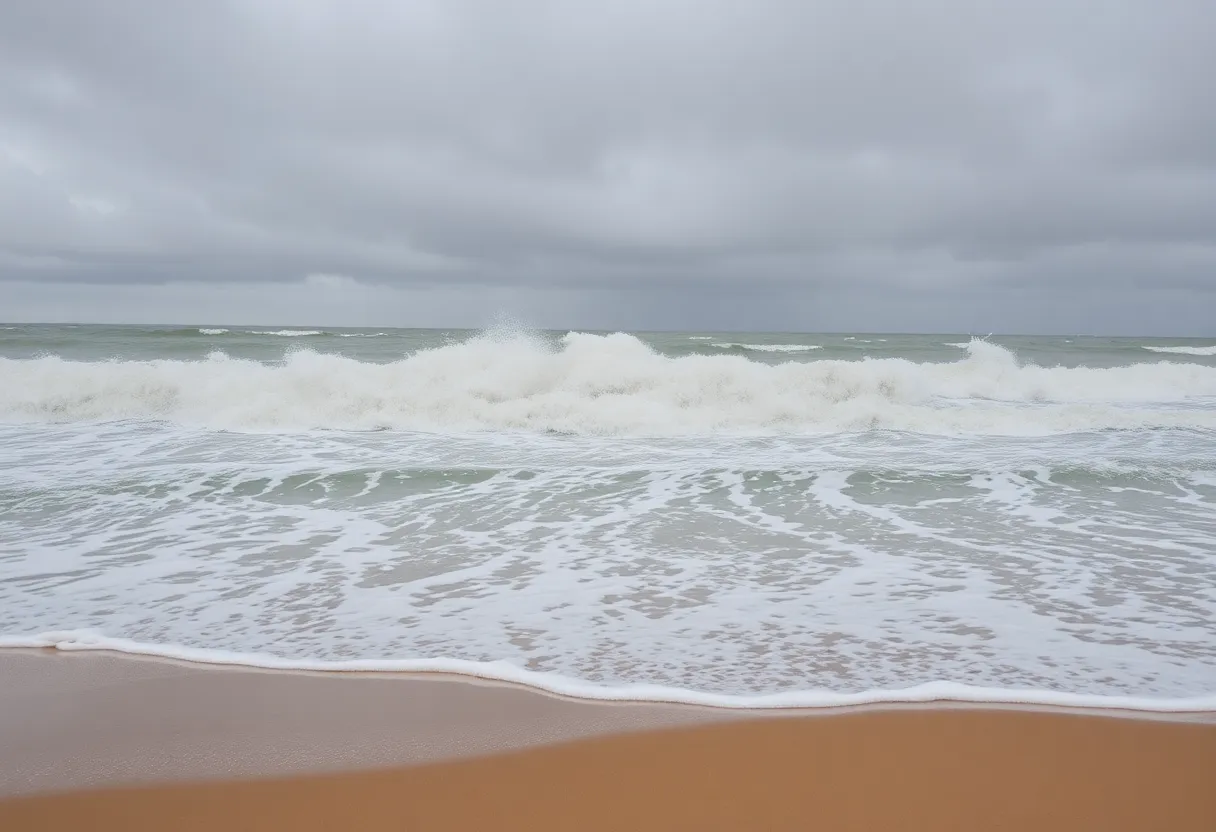 Coastal area showing impact of flooding with turbulent waves