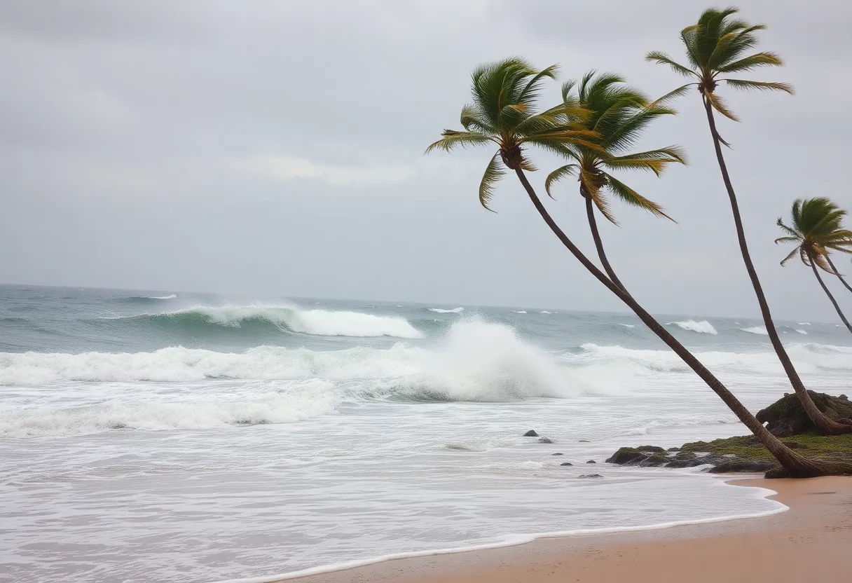 Coastal scene during a wind advisory with strong winds and bending trees