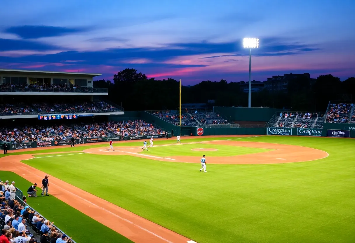 Baseball game between College of Charleston and Creighton with players on the field.