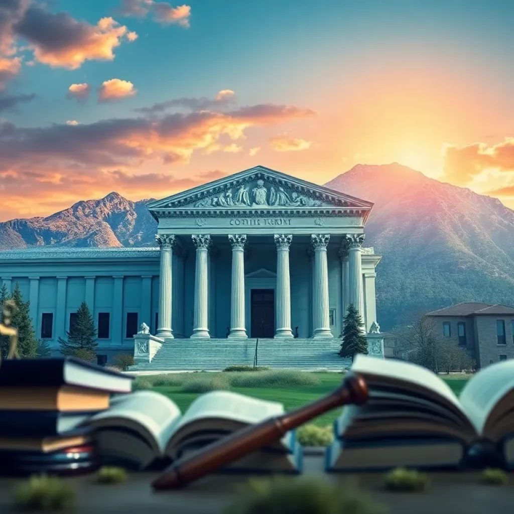 Artistic representation of Colorado's legal landscape with court buildings and symbols of justice.