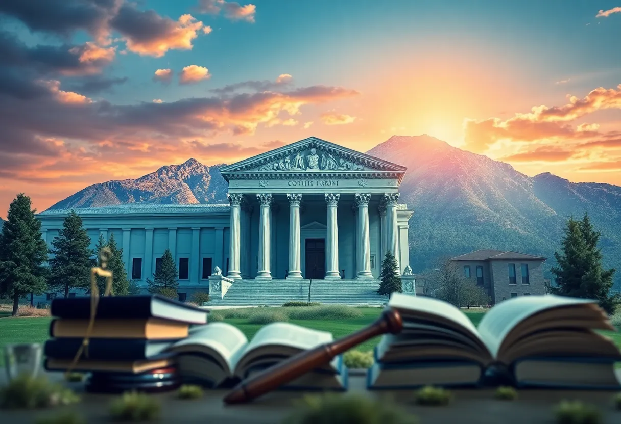 Artistic representation of Colorado's legal landscape with court buildings and symbols of justice.