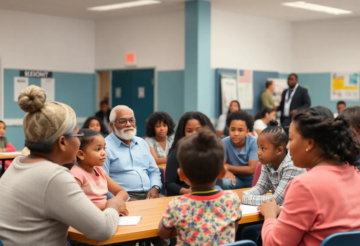 Families attending a community meeting focused on education