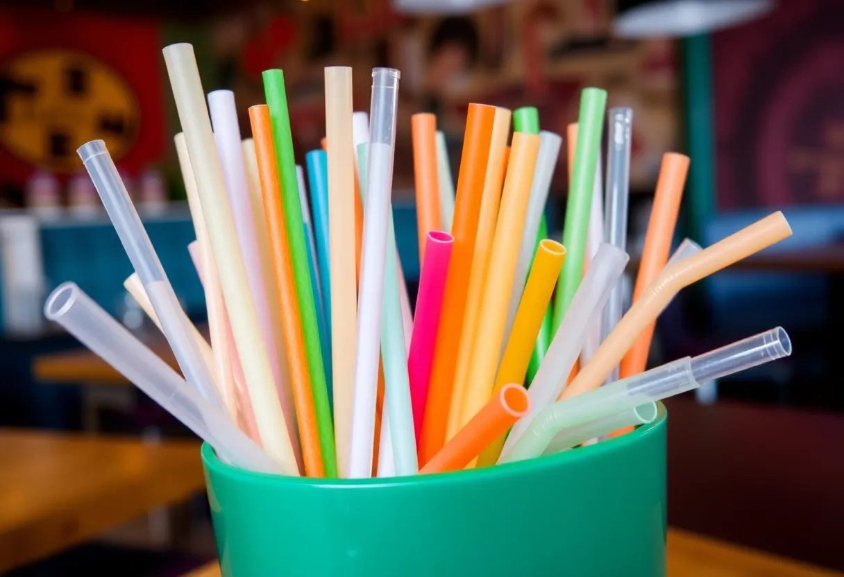 A variety of compostable straws on a table at a restaurant.