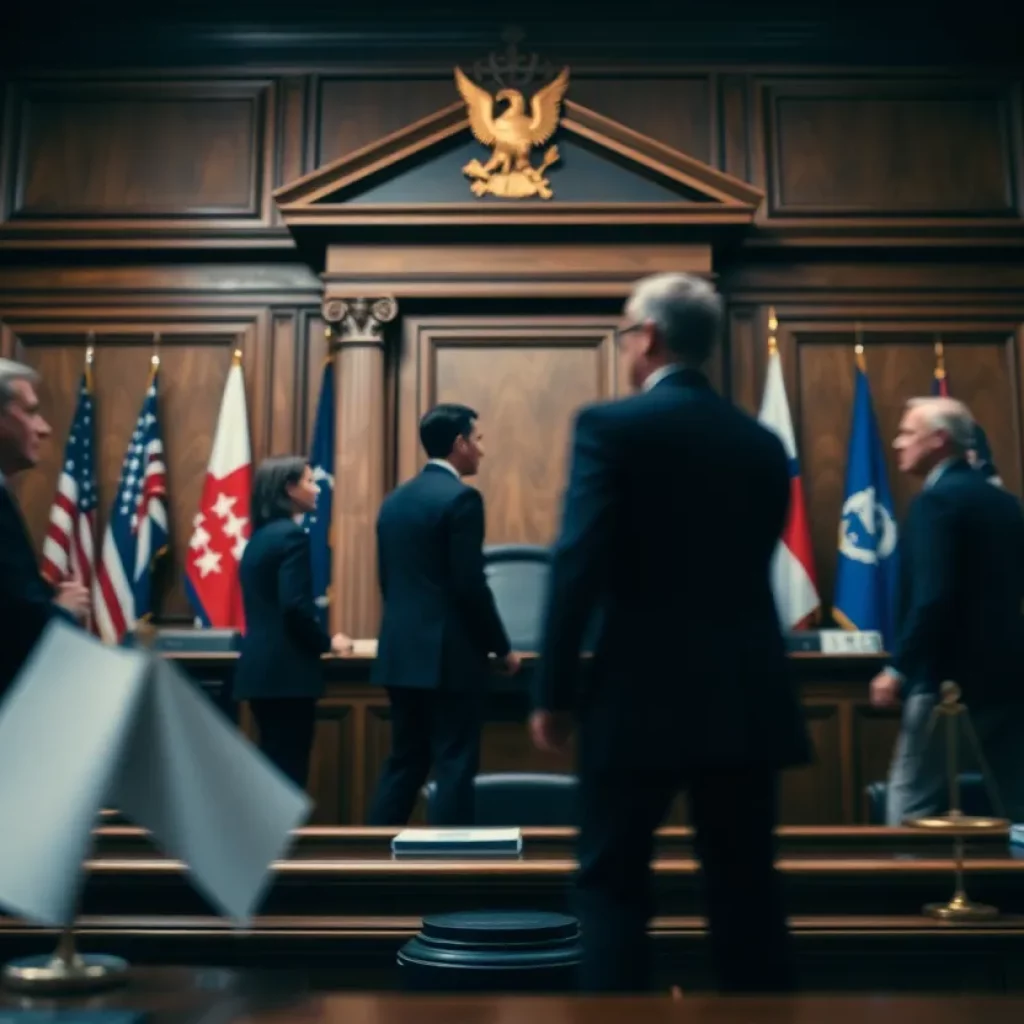 Illustration of a courtroom representing the conflict between law and politics.