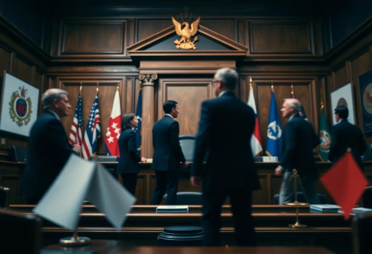 Illustration of a courtroom representing the conflict between law and politics.