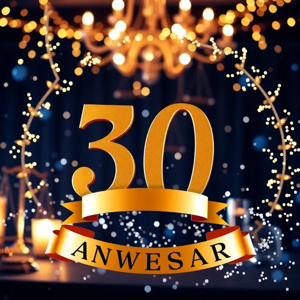 Celebration of Cory Watson Attorneys 30th anniversary with legal elements.