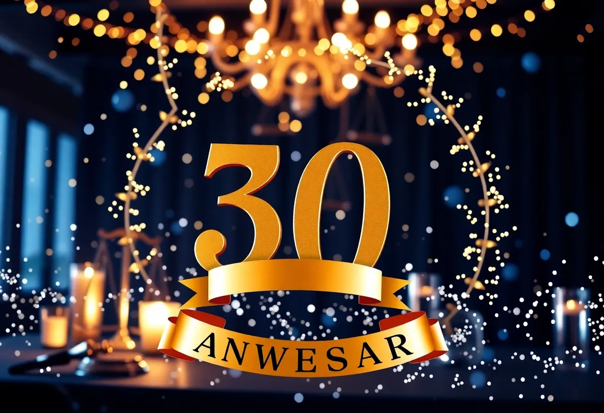 Celebration of Cory Watson Attorneys 30th anniversary with legal elements.