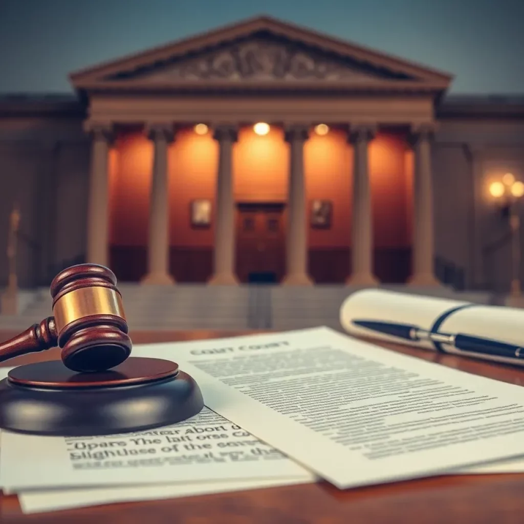 Courthouse interior with legal documents and gavel