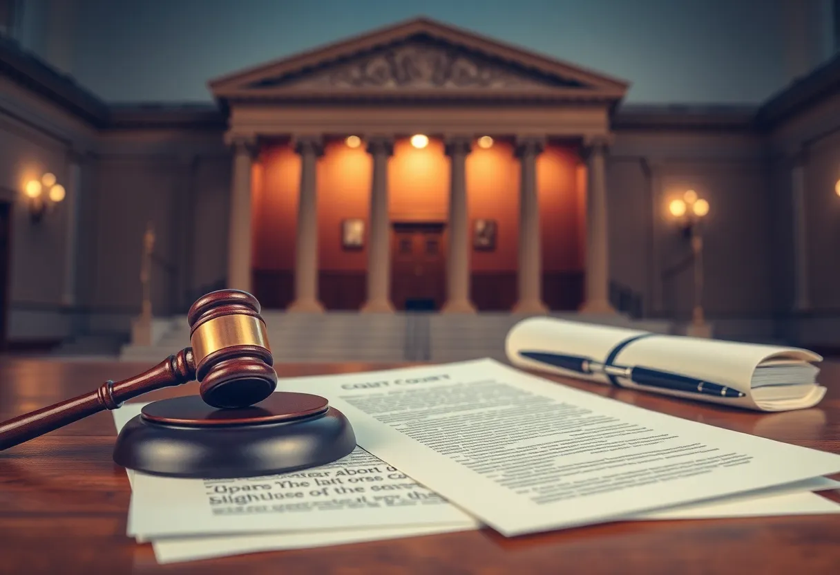 Courthouse interior with legal documents and gavel