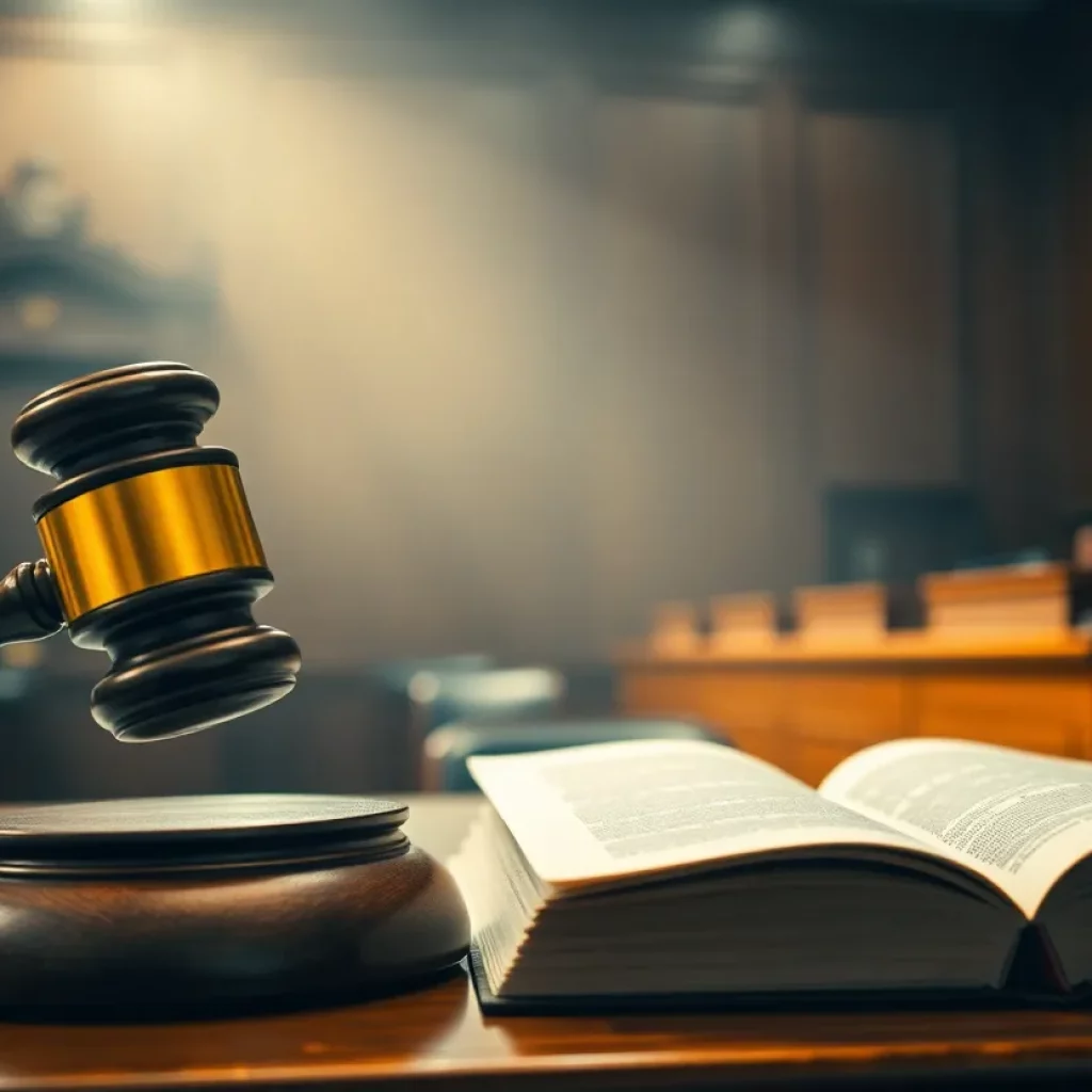 A courtroom scene symbolizing the legal battle against asbestos companies.