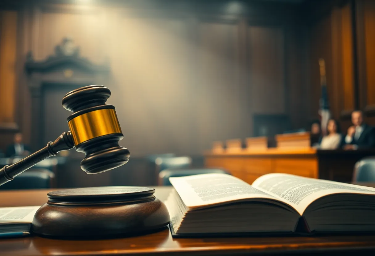 A courtroom scene symbolizing the legal battle against asbestos companies.