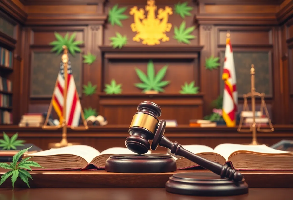 Courtroom with cannabis elements