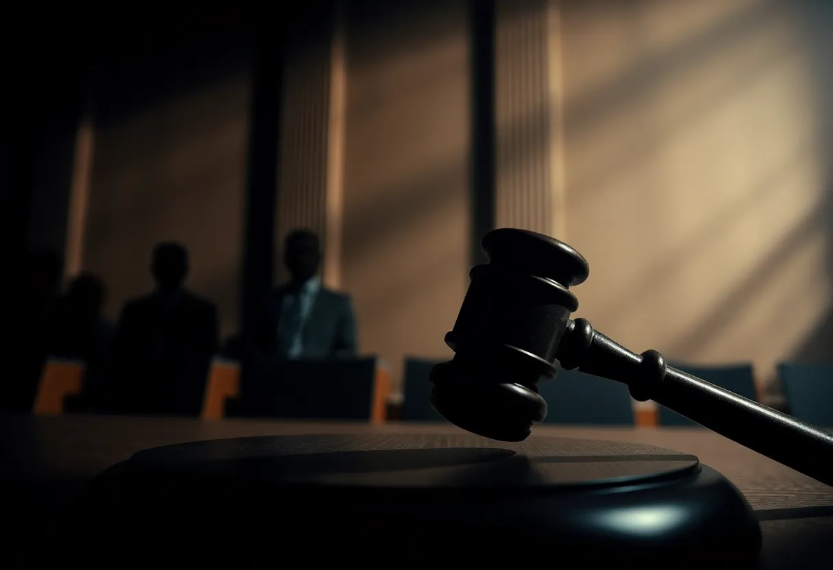 A courtroom symbolizing the investigation into legal ethics and political tension.
