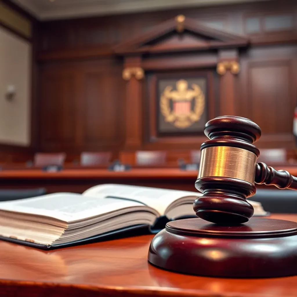 Courtroom scene representing legal challenges in a corruption case